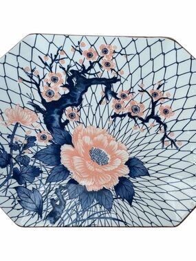 Vintage Japanese Porcelain Wall Decor Plate Peach Blossom Blue Floral Octagon 13